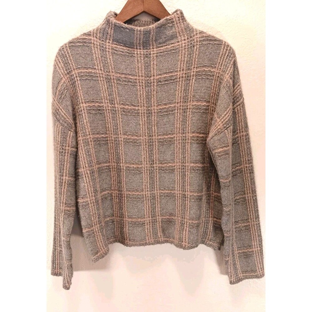 Rachel Zoe Grey Plaid Mock Neck Sweater Rayon Blend Size Large Preppy